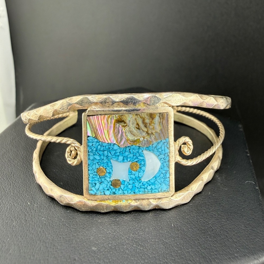 Vintage Alpaca Inlay Cuff Bracelet Silver Tone Beach 5.5"